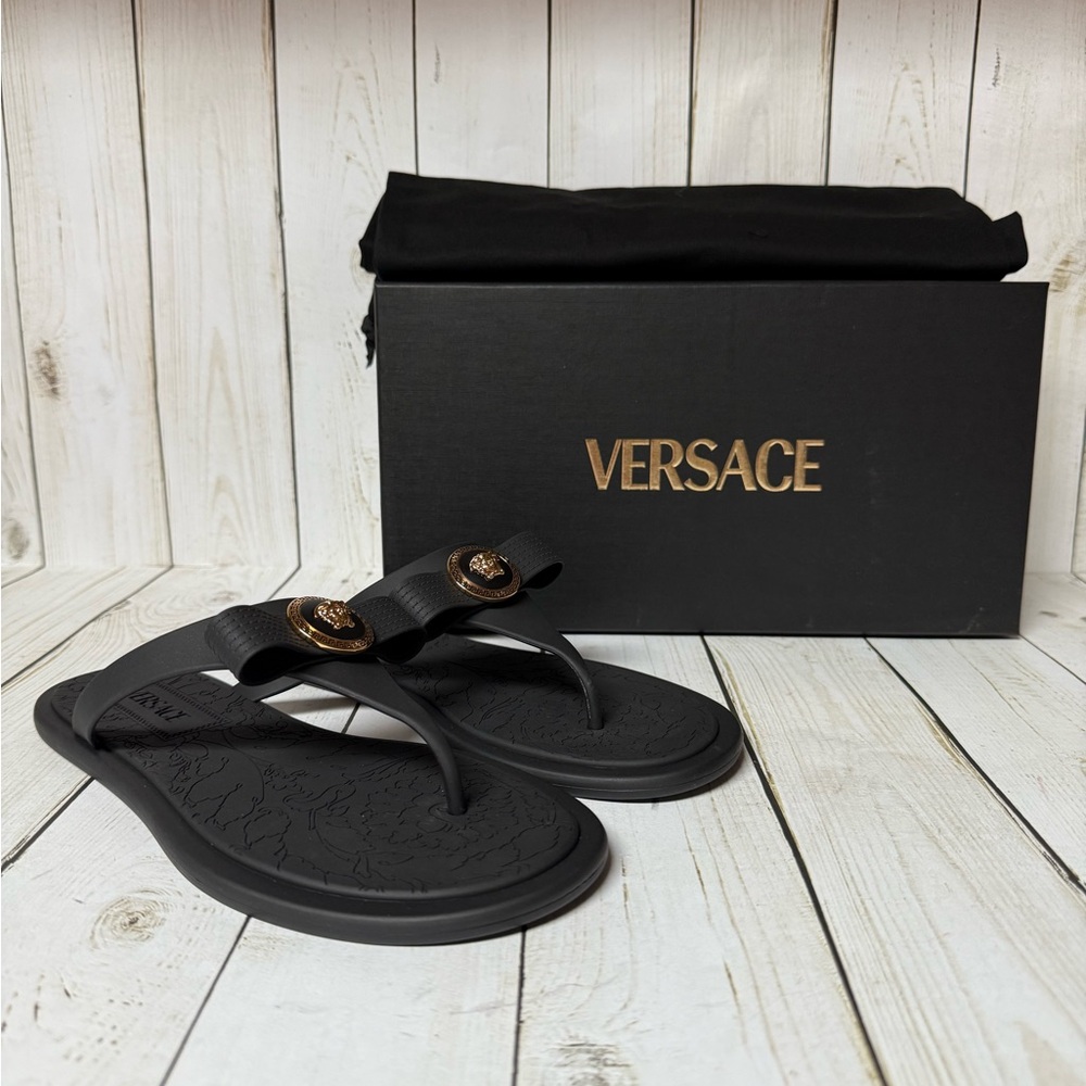 Versace Gianni Ribbon Rubber Flat Sandals Black Sz 37 / 7